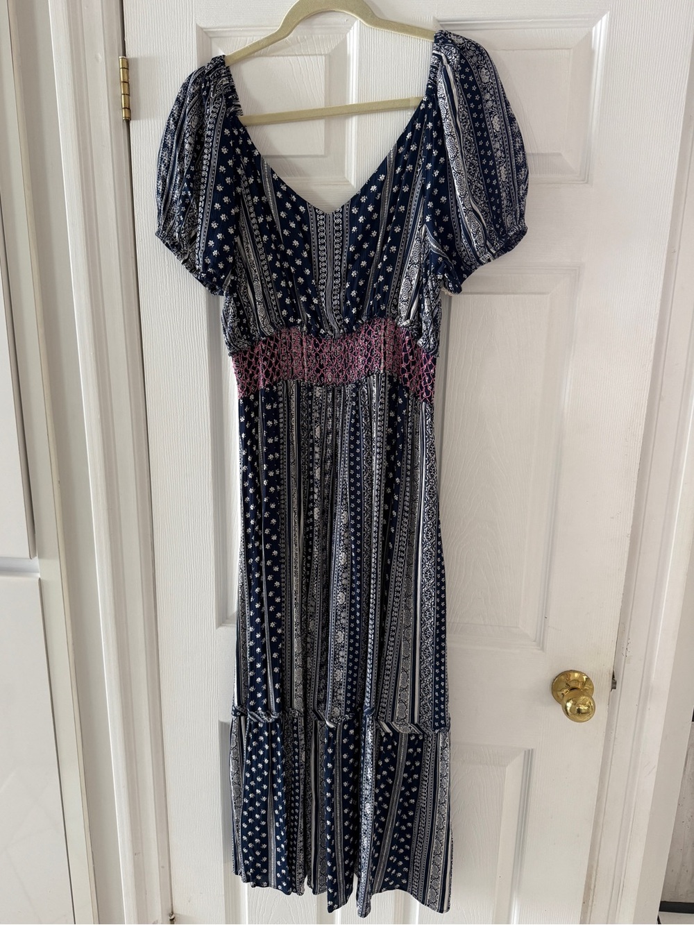 Navy Printed Midi Dress with Pink Smocked Waist